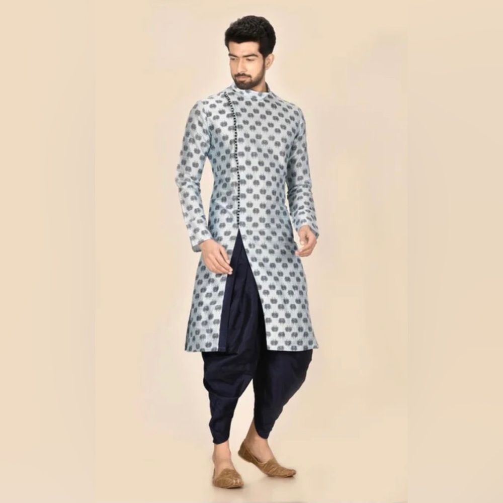 Blue silk blend Kurta and Dhoti pant set for men